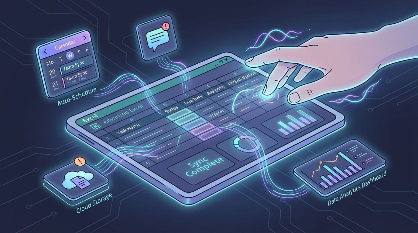 A digital illustration showing a hand interacting with a holographic Excel interface, analytics dashboard, and calendar.