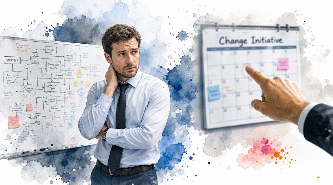 A businessman looking stressed while standing next to a complex project flowchart and a calendar.