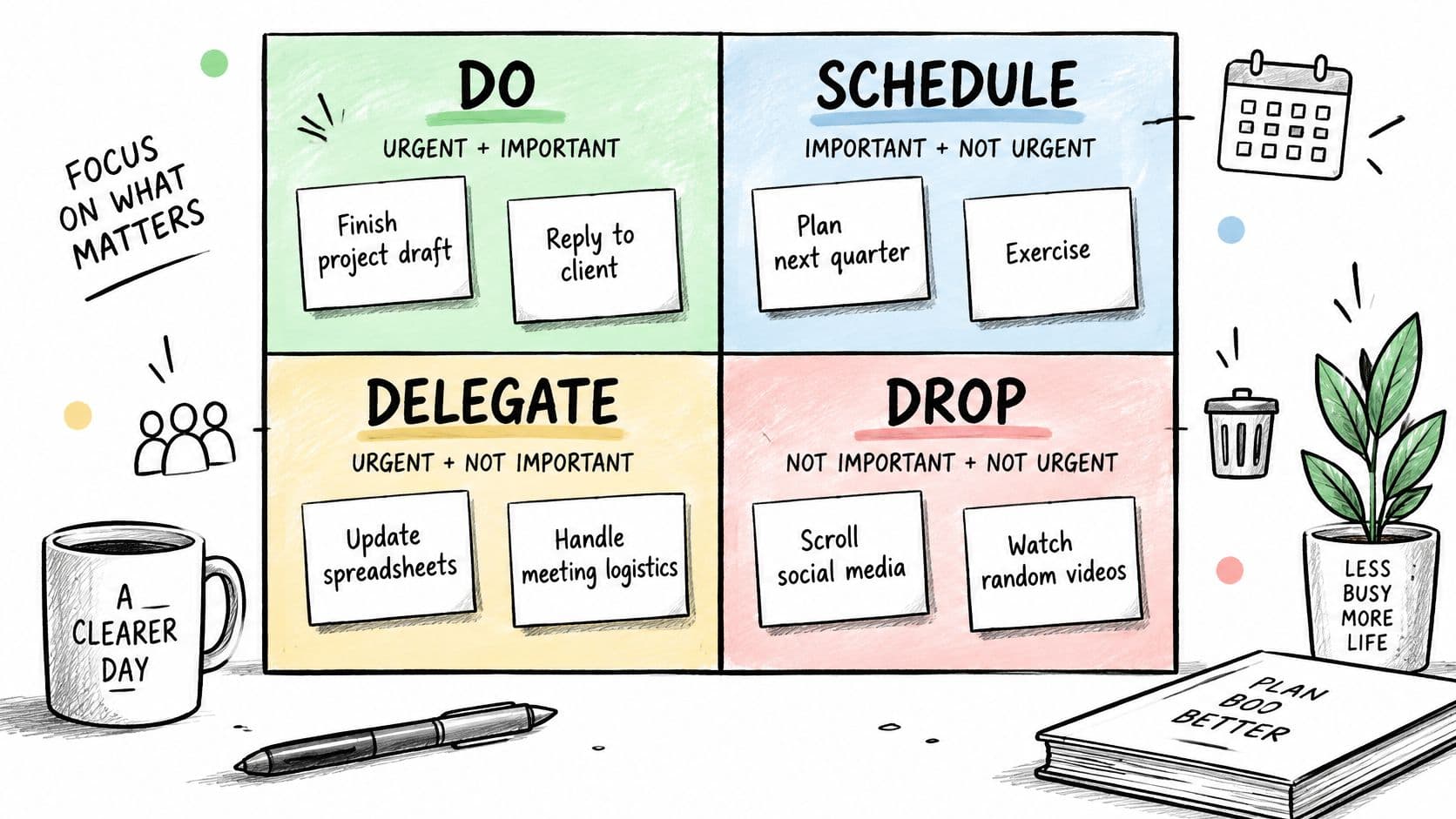 A colorful Eisenhower Matrix chart illustrating time management strategies with four quadrants for organizing tasks by priority.