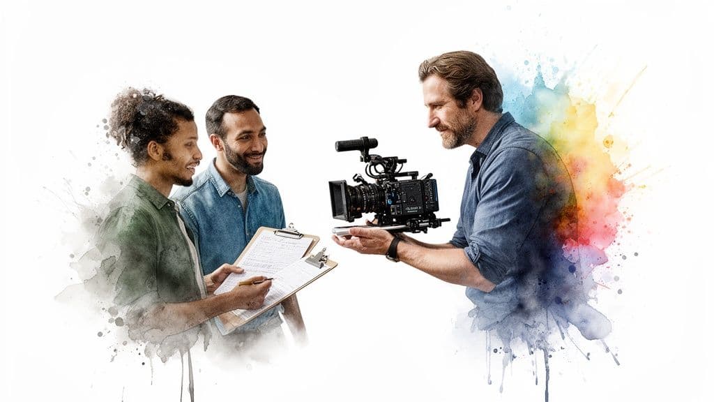 Three diverse men collaborating, one holding a professional video camera, another writing notes on a clipboard.