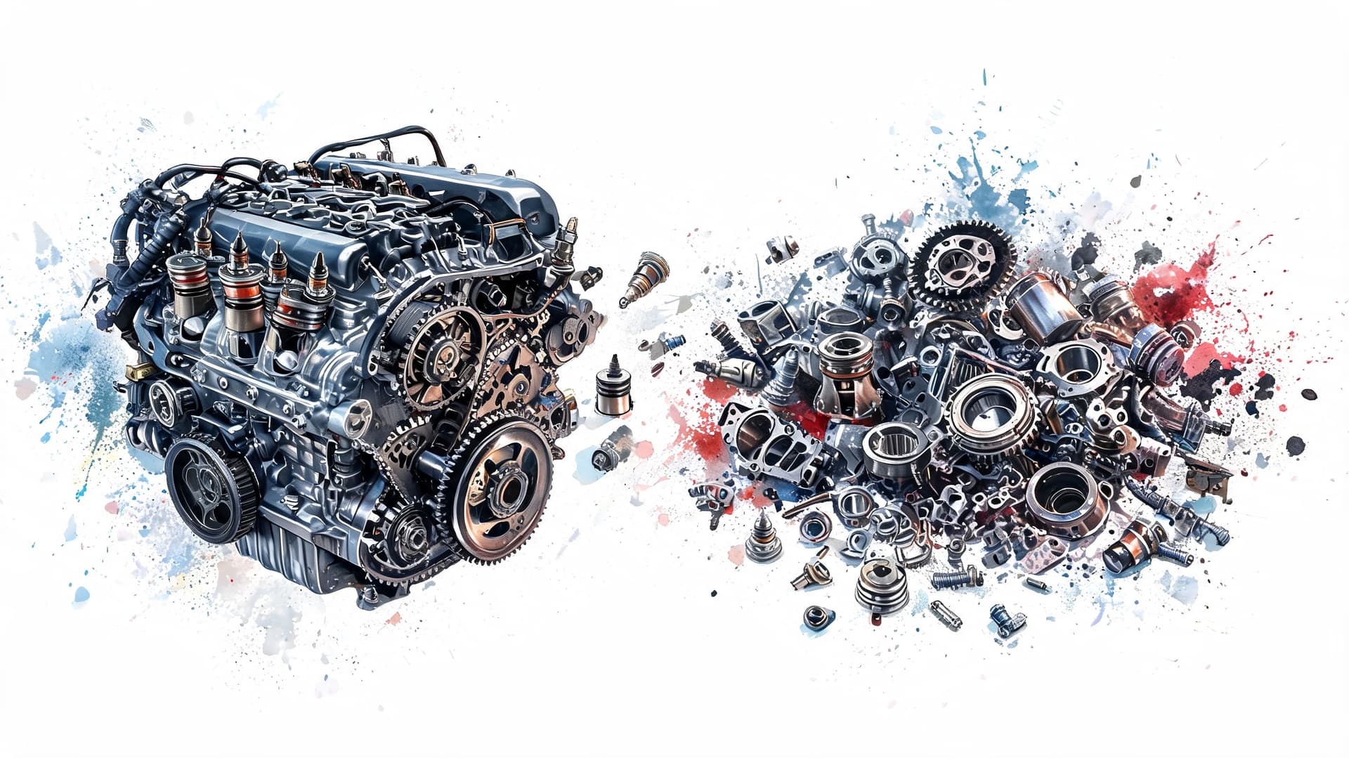 A detailed 3D illustration of an engine beside a scattered pile of mechanical components and gears.