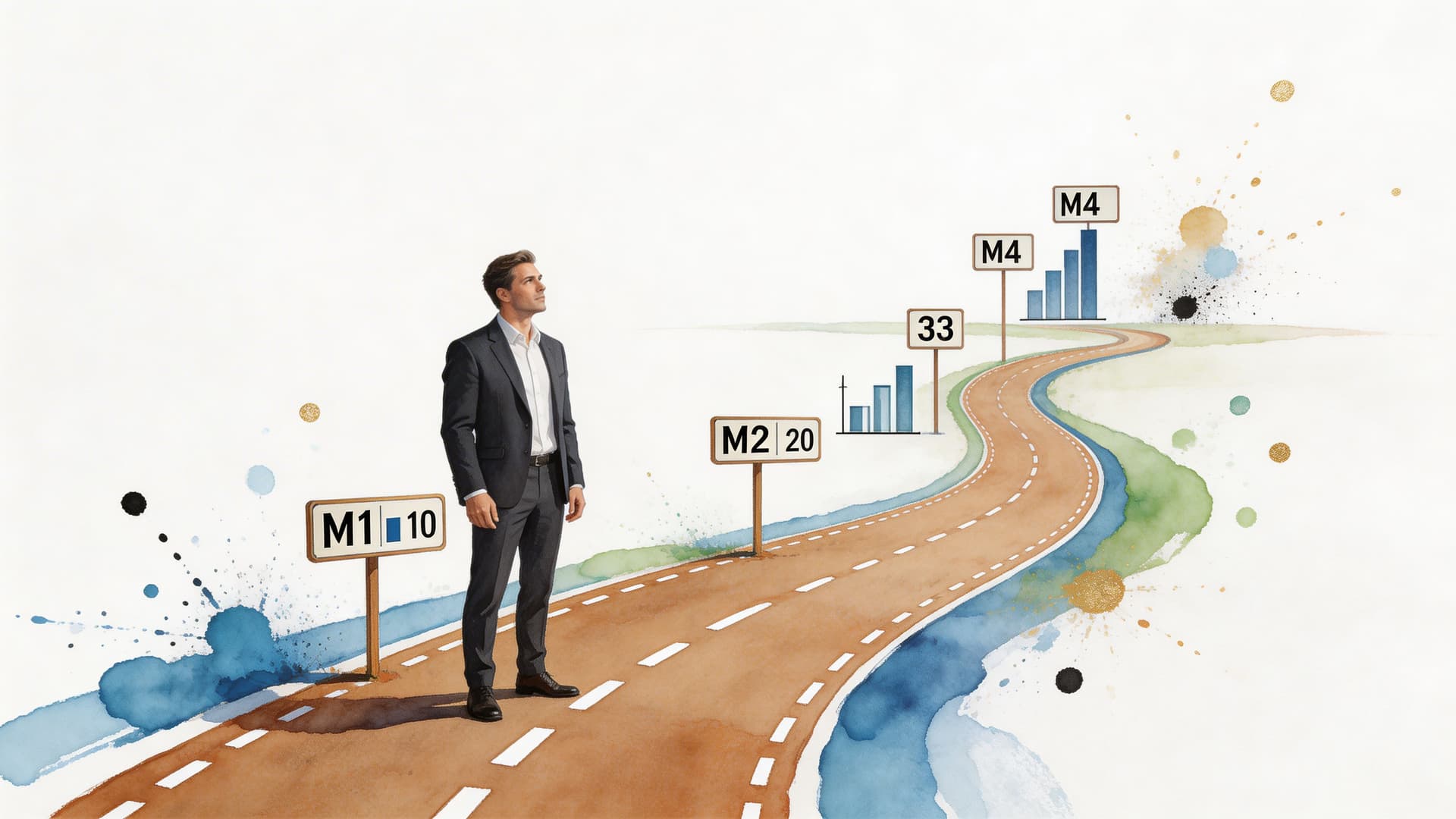 A businessman standing on a path looking toward future milestones represented by rising business charts and markers.