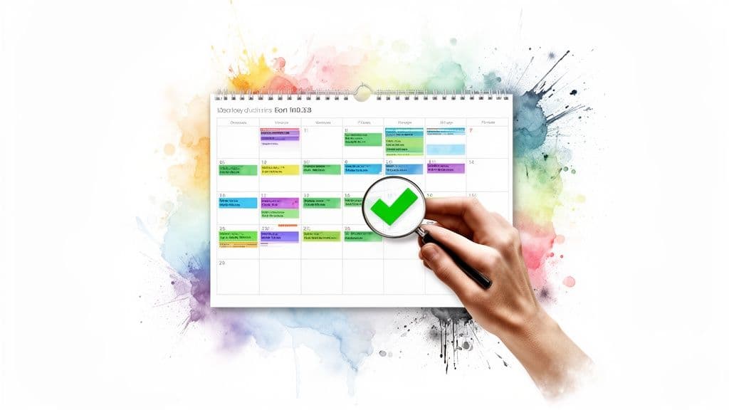 Hand holding a magnifying glass over a green checkmark on a colorful calendar, symbolizing task completion.