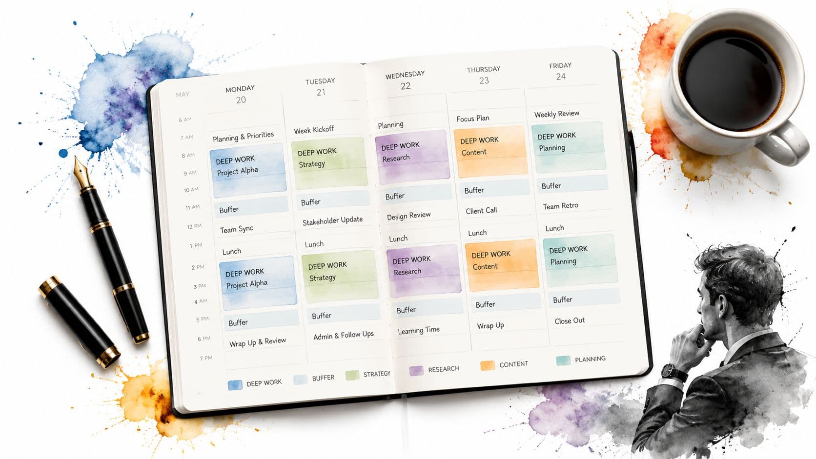 A professional weekly planner notebook displaying a structured schedule alongside a fountain pen and coffee cup.