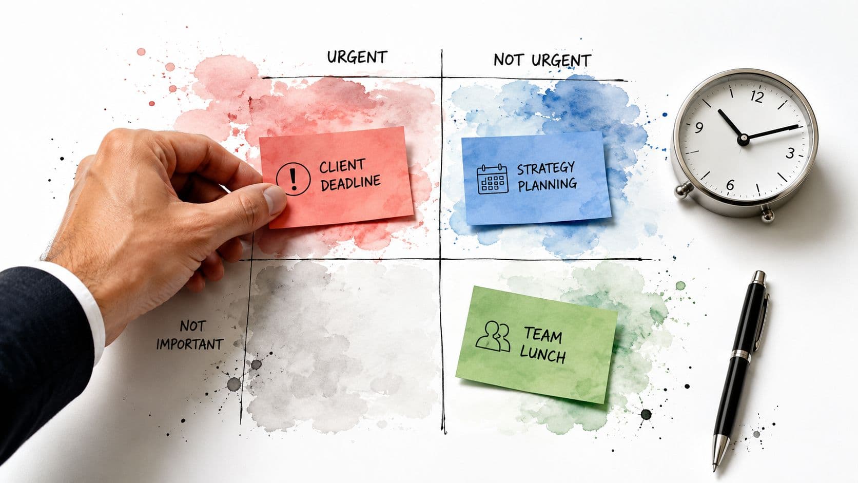 A hand placing a red note labeled client deadline on an urgent-important task prioritization matrix grid.