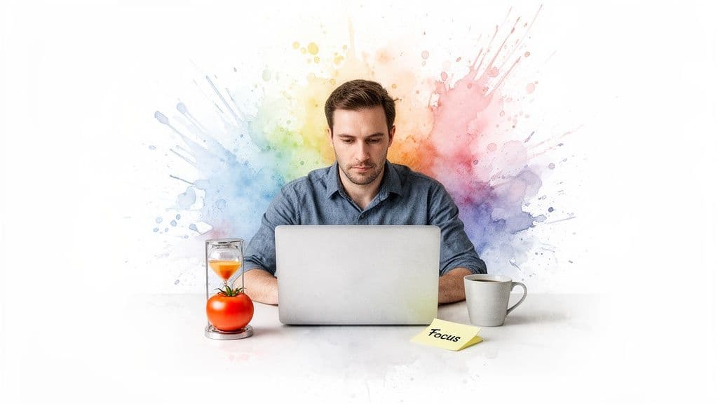 Man focused on laptop with a tomato timer, coffee, and 'Focus' note, illustrating productivity.