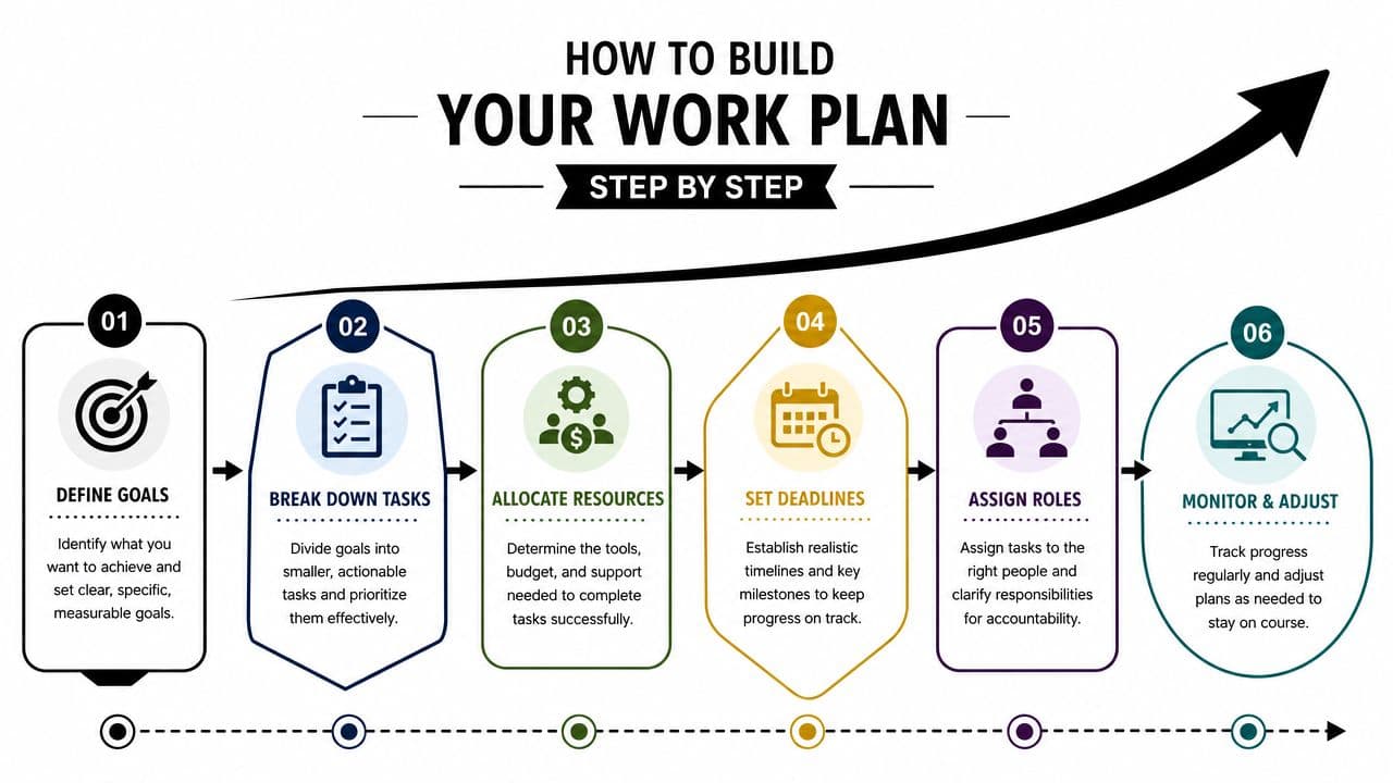 A step-by-step infographic illustrating how to build a work plan with six distinct stages and icons.