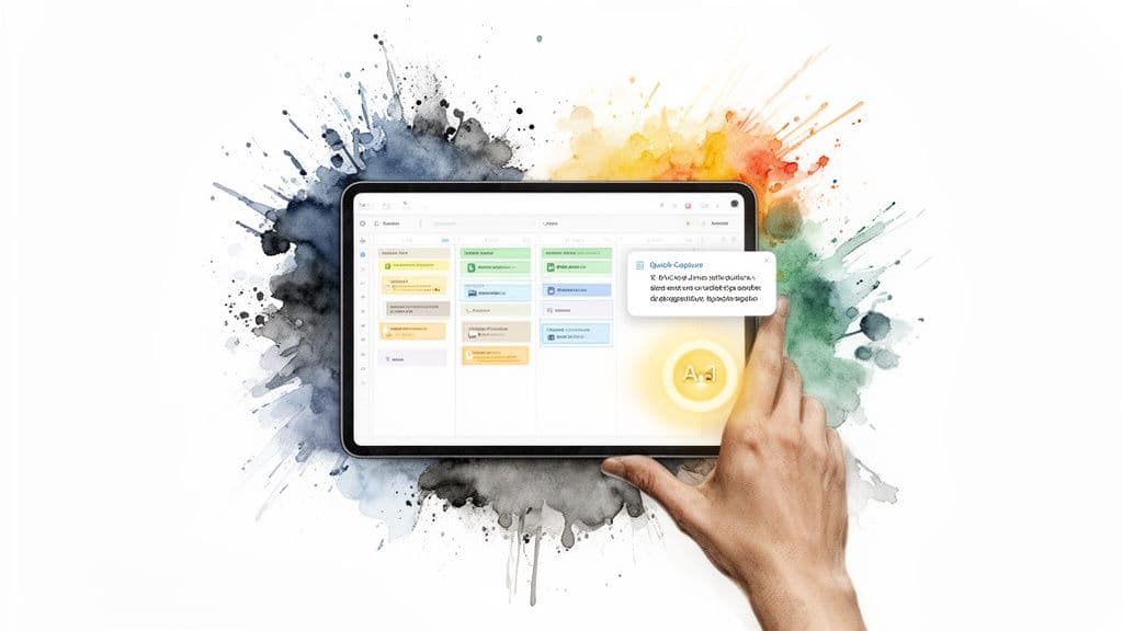 A hand interacts with a tablet showing a project management app surrounded by colorful watercolor splashes.