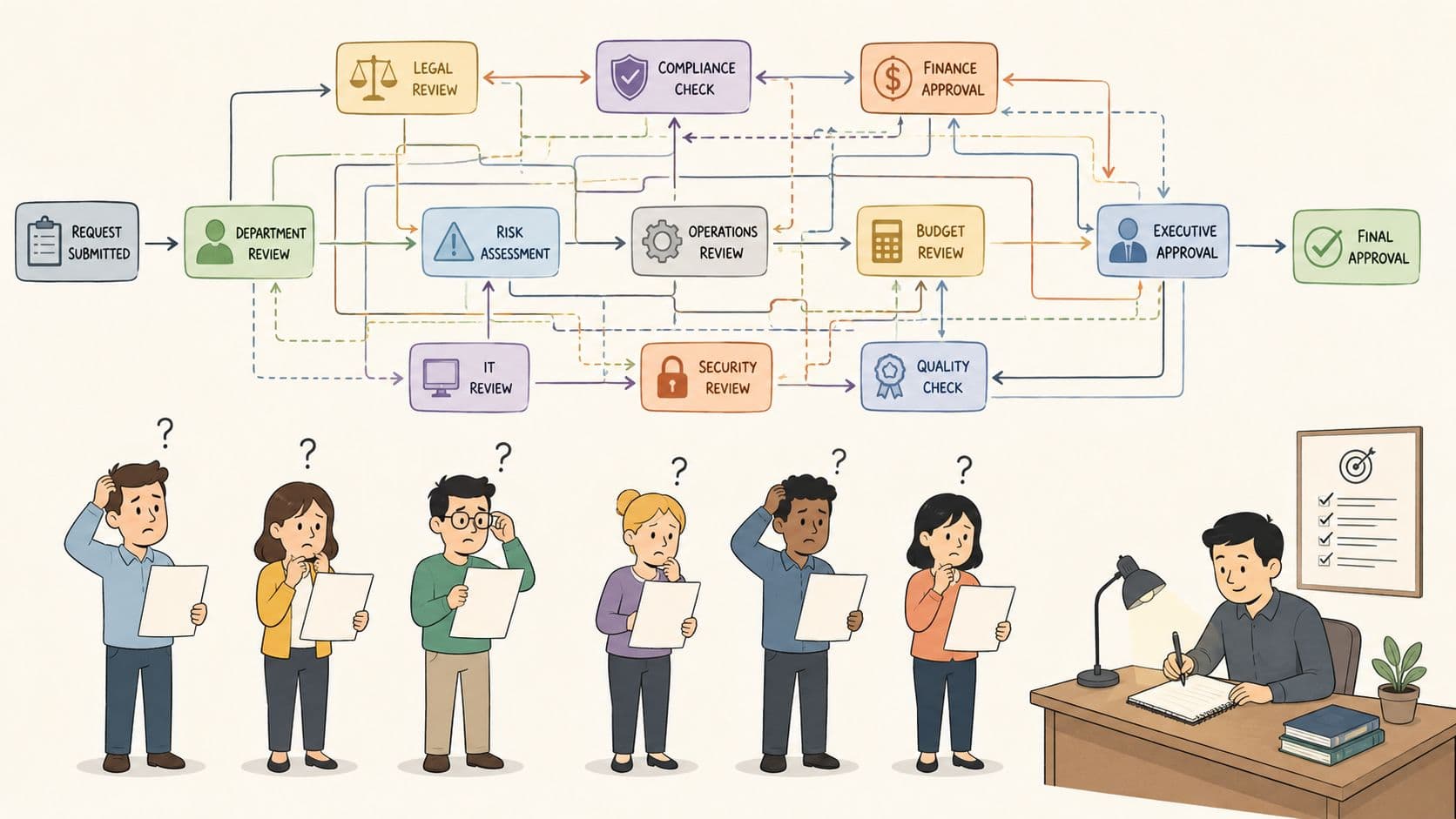 A complex workflow chart showing bureaucratic approval processes with confused employees waiting for a manager to sign.