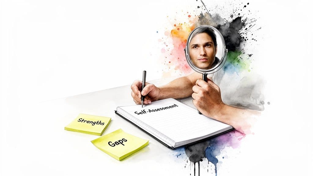 A man conducting a self-assessment, writing in a notebook while reflecting in a mirror, noting strengths and gaps.