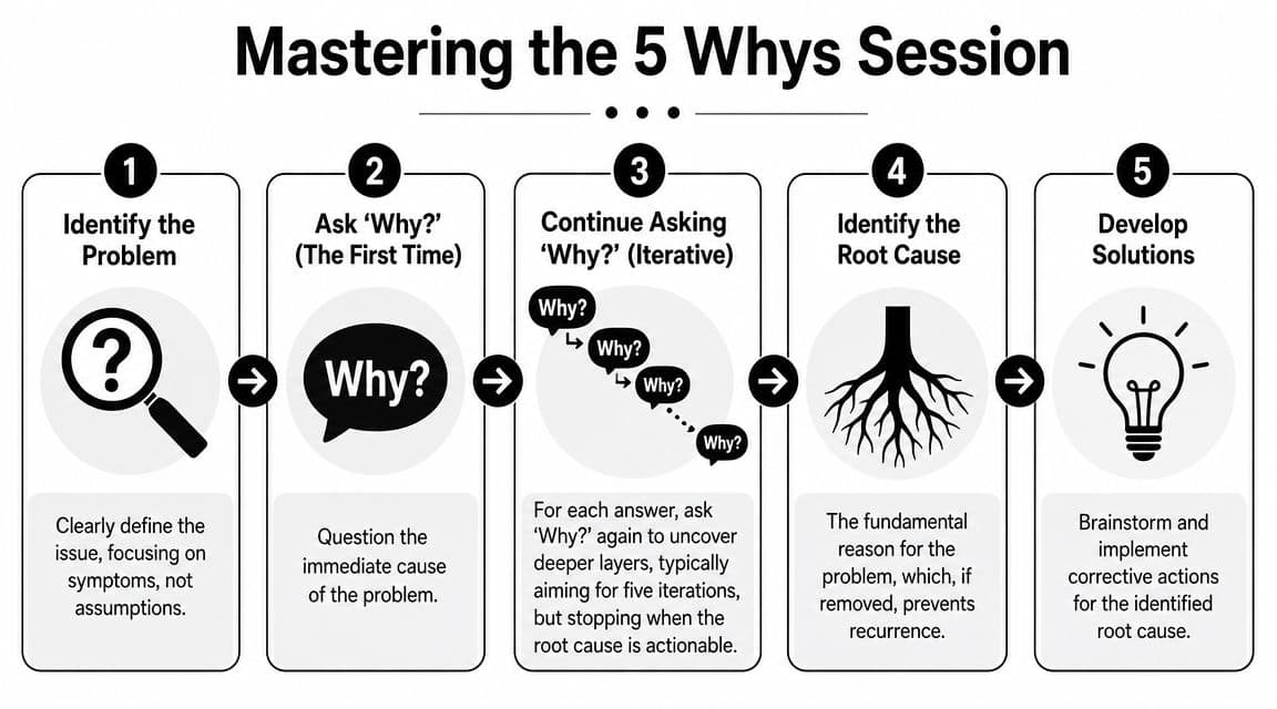 A step-by-step infographic illustrating the 5 Whys method for effective root cause analysis and problem solving.