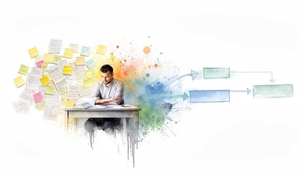 A man at a desk transforms chaotic notes and papers into clear, organized process flowcharts.