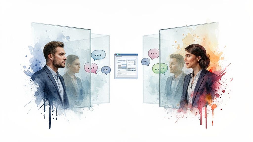Watercolor illustration of professionals communicating through a digital interface with reflections and speech bubbles.