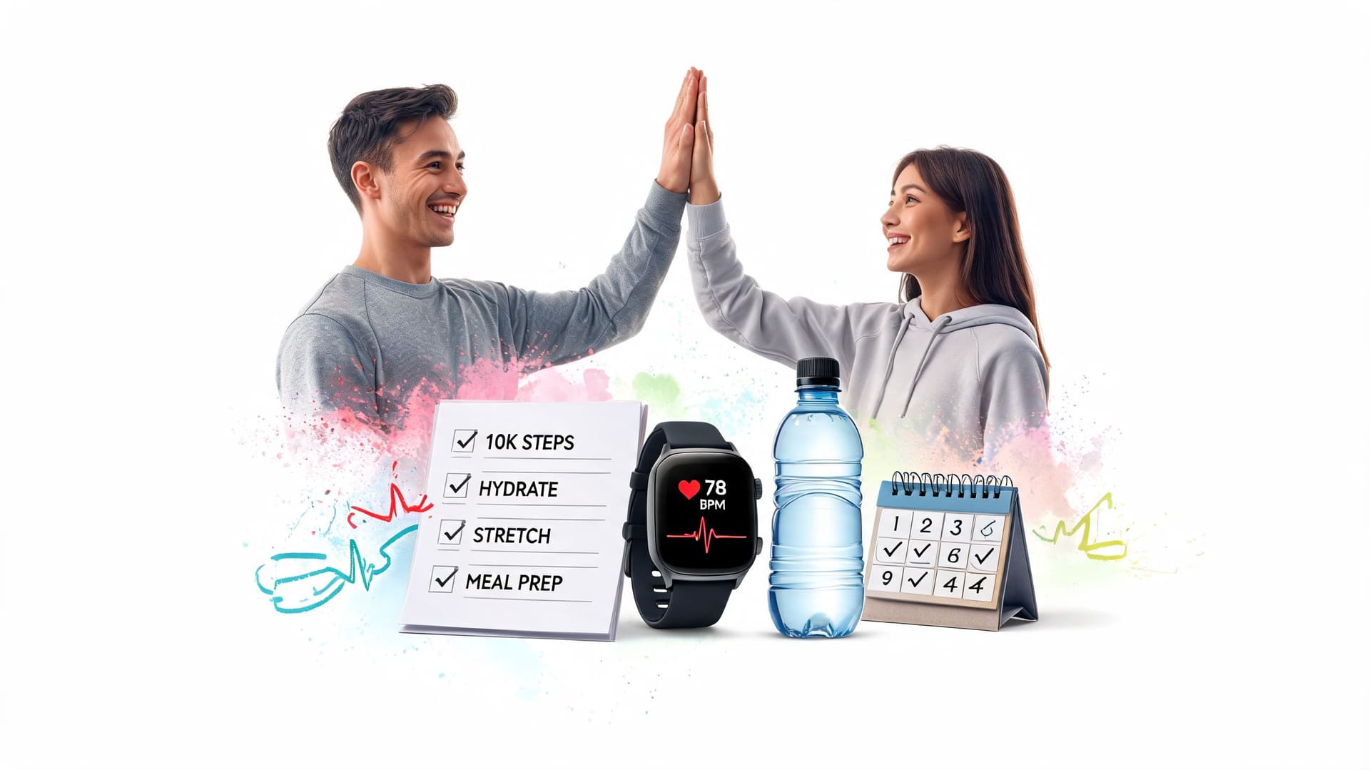 A happy man and woman high-fiving in front of fitness icons including a checklist, watch, and calendar.