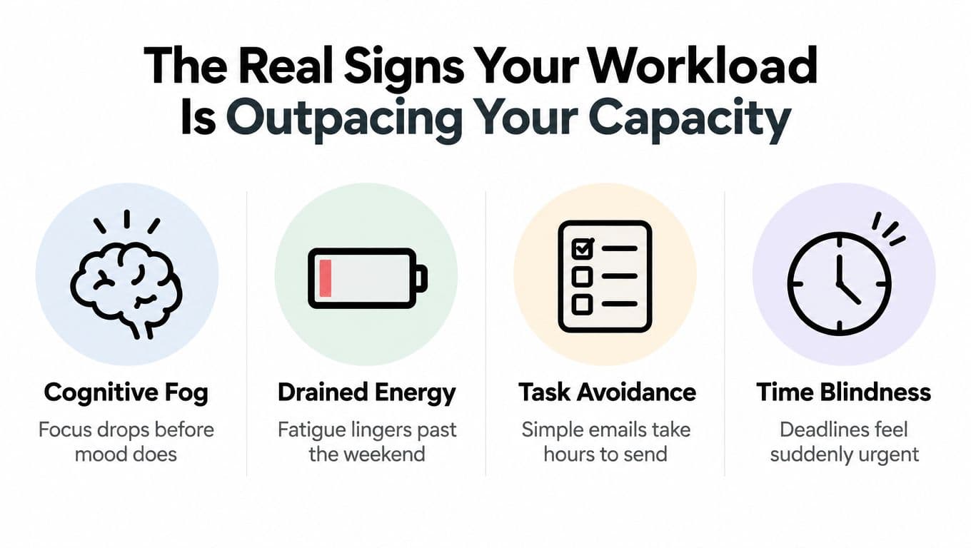 A graphic listing four signs of being overwhelmed: cognitive fog, drained energy, task avoidance, and time blindness.
