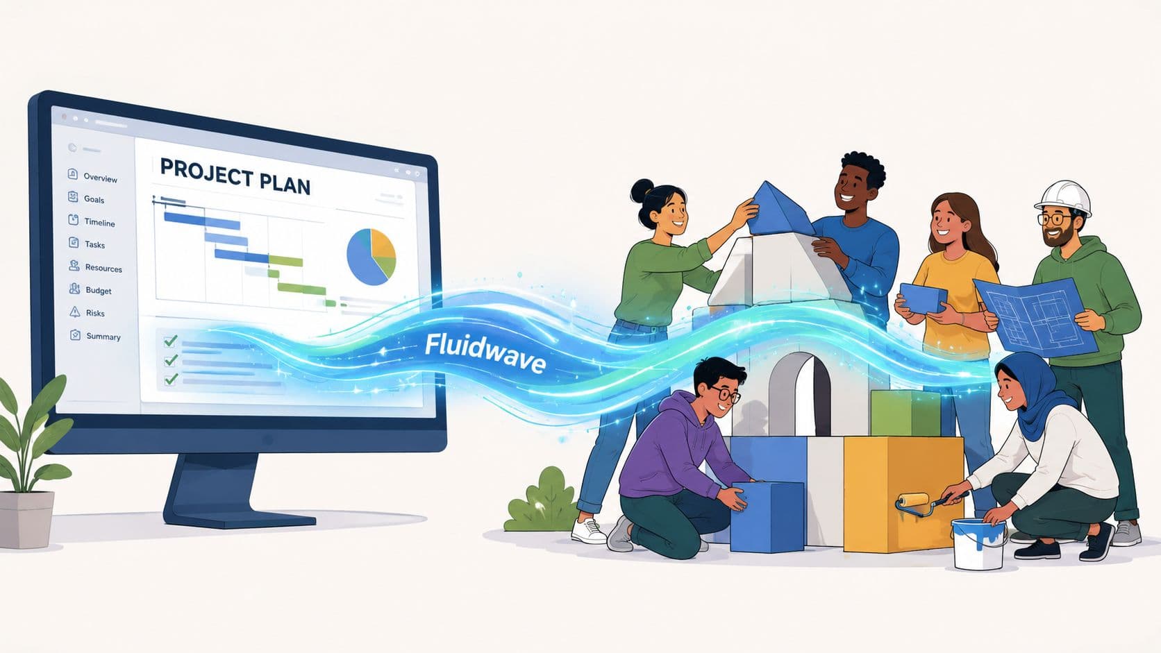 A diverse team collaboratively building a structure while a computer screen displays a digital project plan.