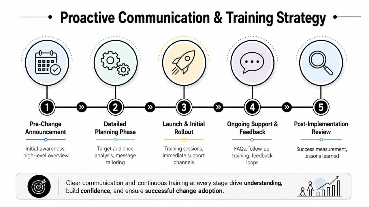A five-step proactive communication and training strategy infographic for successful change management and organizational adoption.