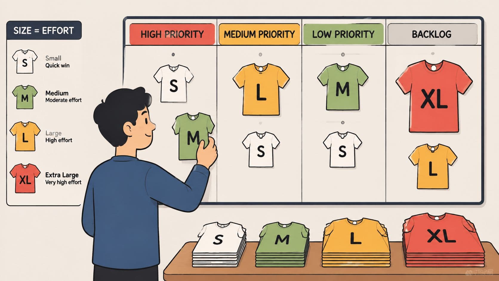 A person organizing t-shirt icons on a whiteboard representing project management tasks by size and priority levels.