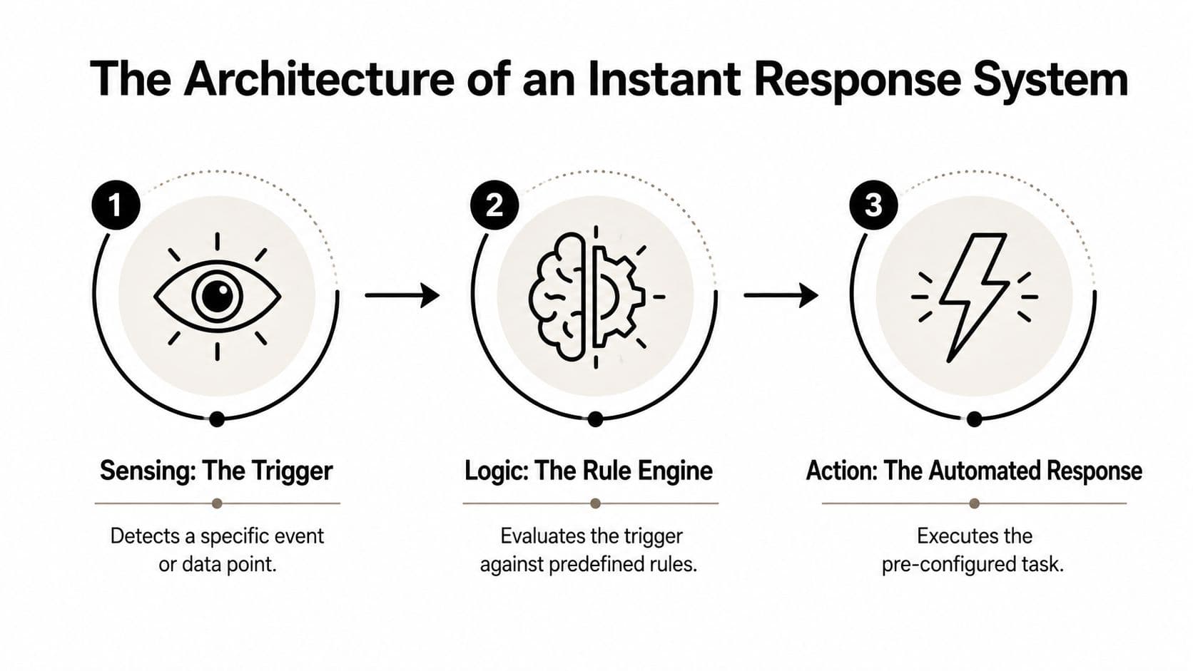 A diagram illustrating the three steps of an instant response system: sensing, logic, and automated action.