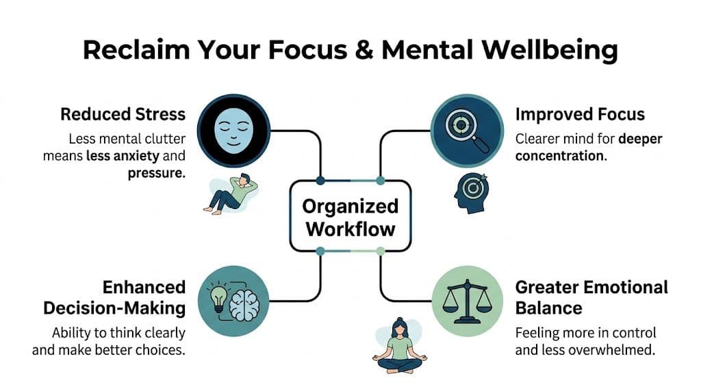 A diagram illustrating how an organized workflow improves stress, focus, decision-making, and emotional balance.