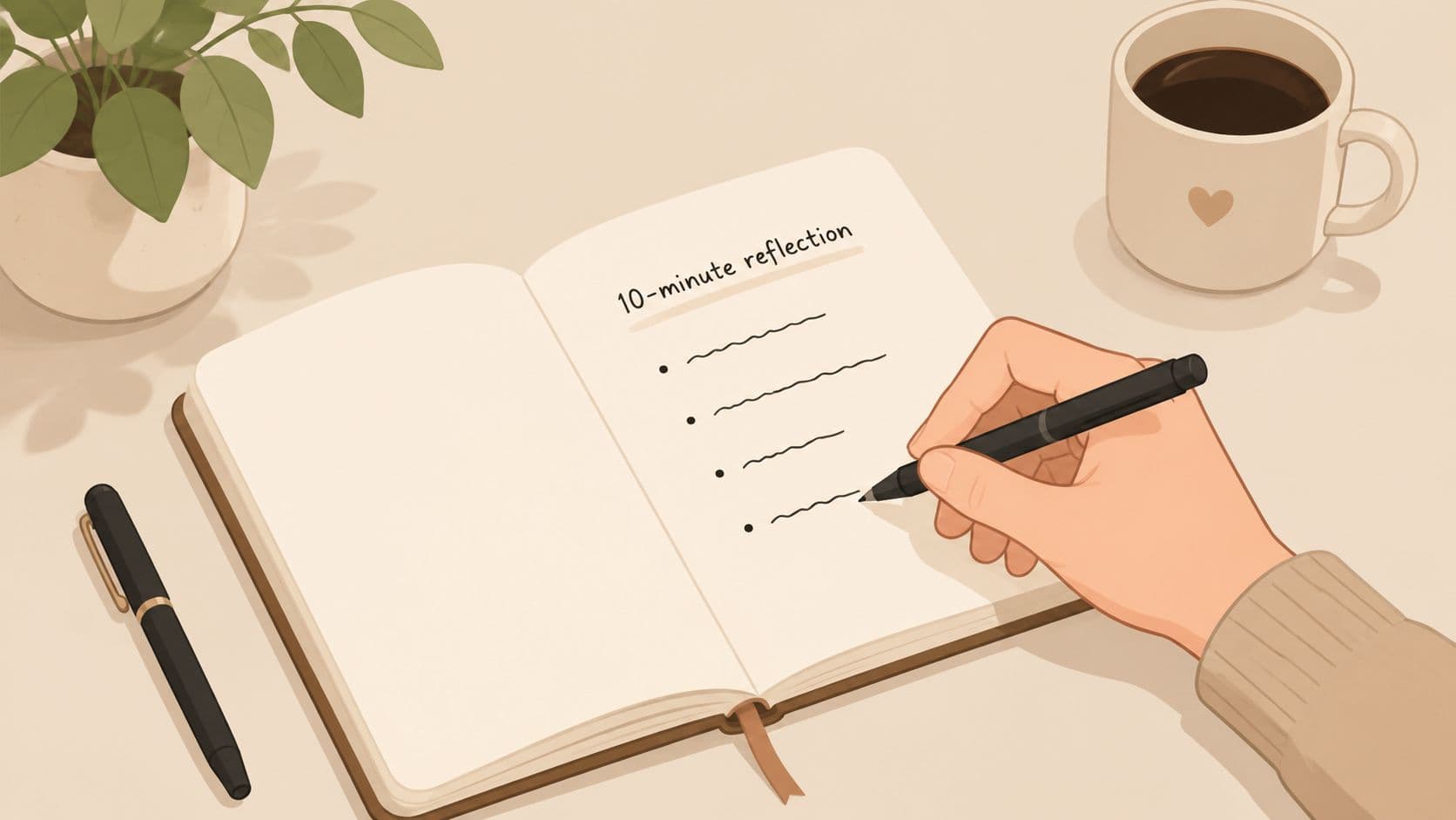 A person writing in a notebook labeled 10-minute reflection with a coffee cup and plant nearby.
