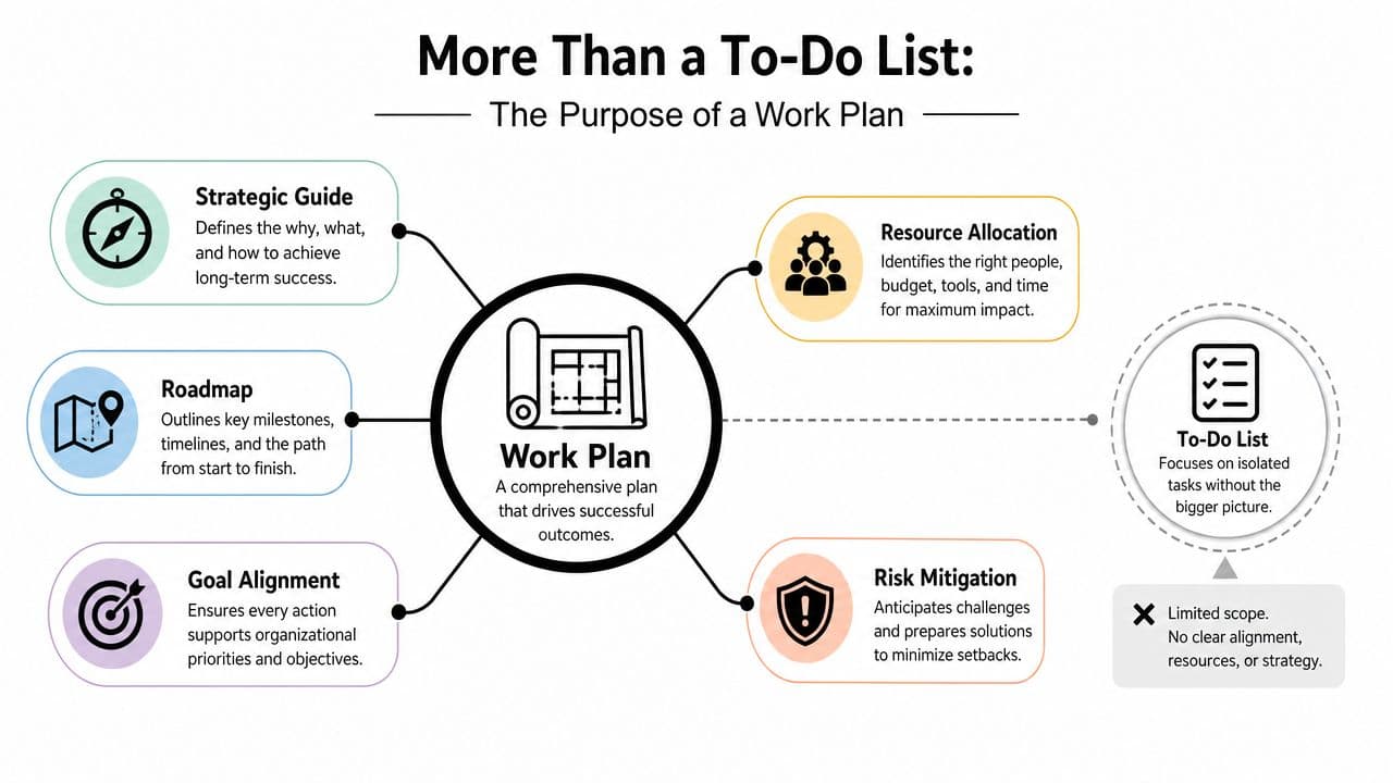An infographic illustrating the purpose of a work plan compared to a simple to-do list.