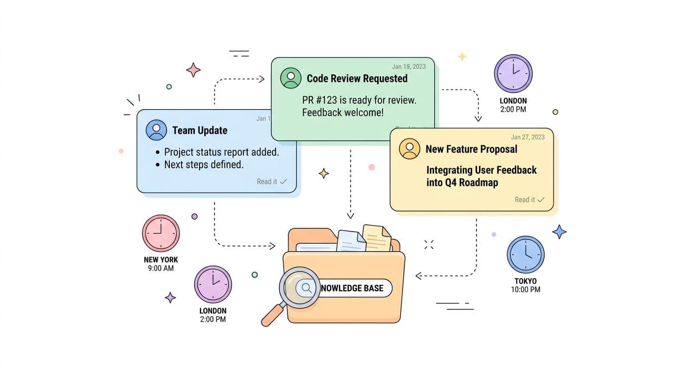 An illustration showing a digital knowledge base being updated by team notifications from different time zones.