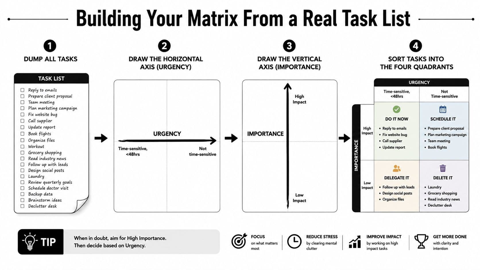 An infographic showing the four steps to building an Eisenhower work prioritization matrix for time management.