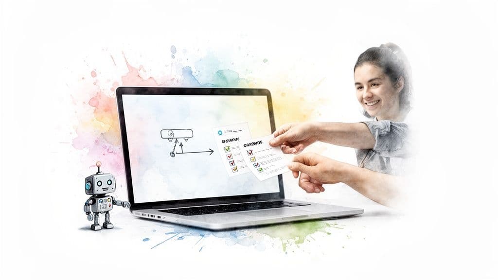 Smiling woman integrates paper checklists with a laptop, assisted by a robot, on a vibrant watercolor background.