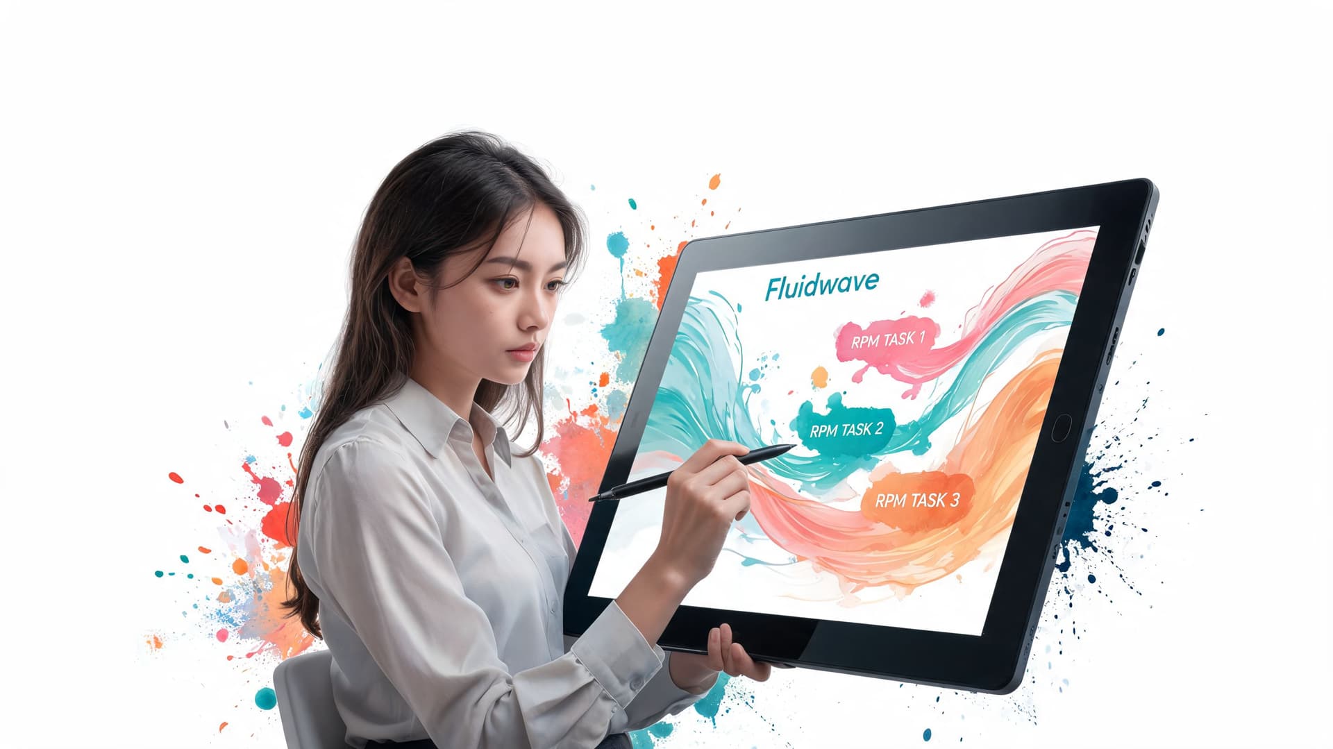 A professional woman using a digital tablet to organize tasks with a fluid watercolor design interface.