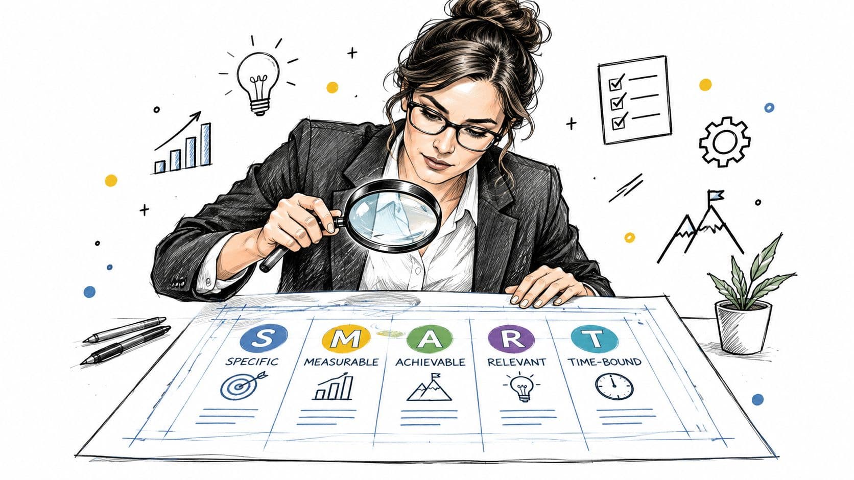A professional woman examining a blueprint detailing the SMART goals framework with a magnifying glass.