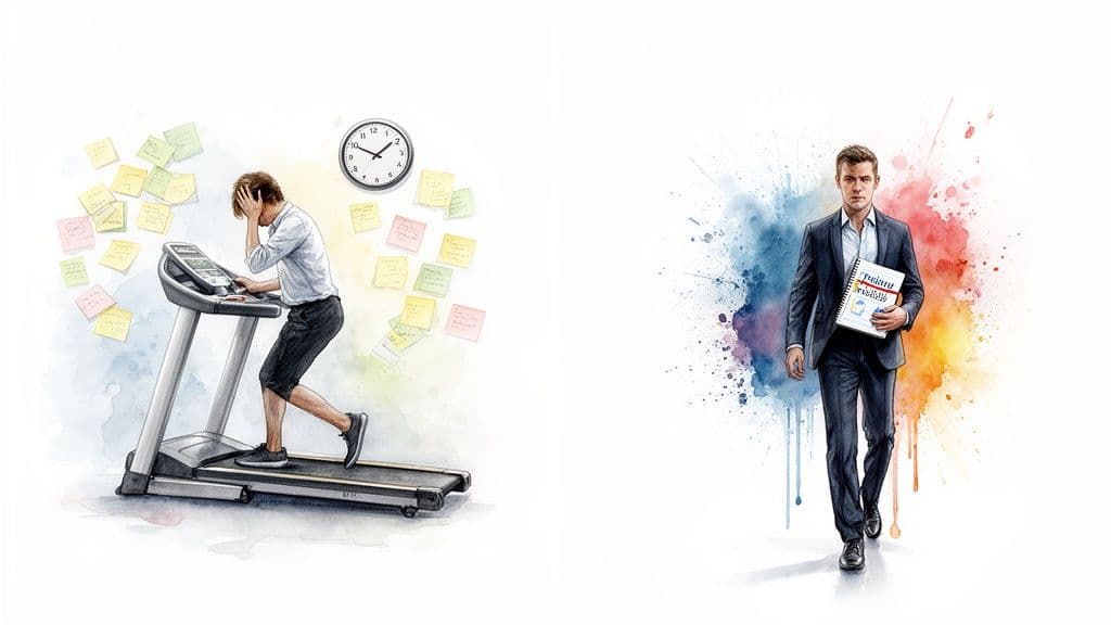 Watercolor illustration contrasting a stressed man on a treadmill with a confident man holding a training binder.