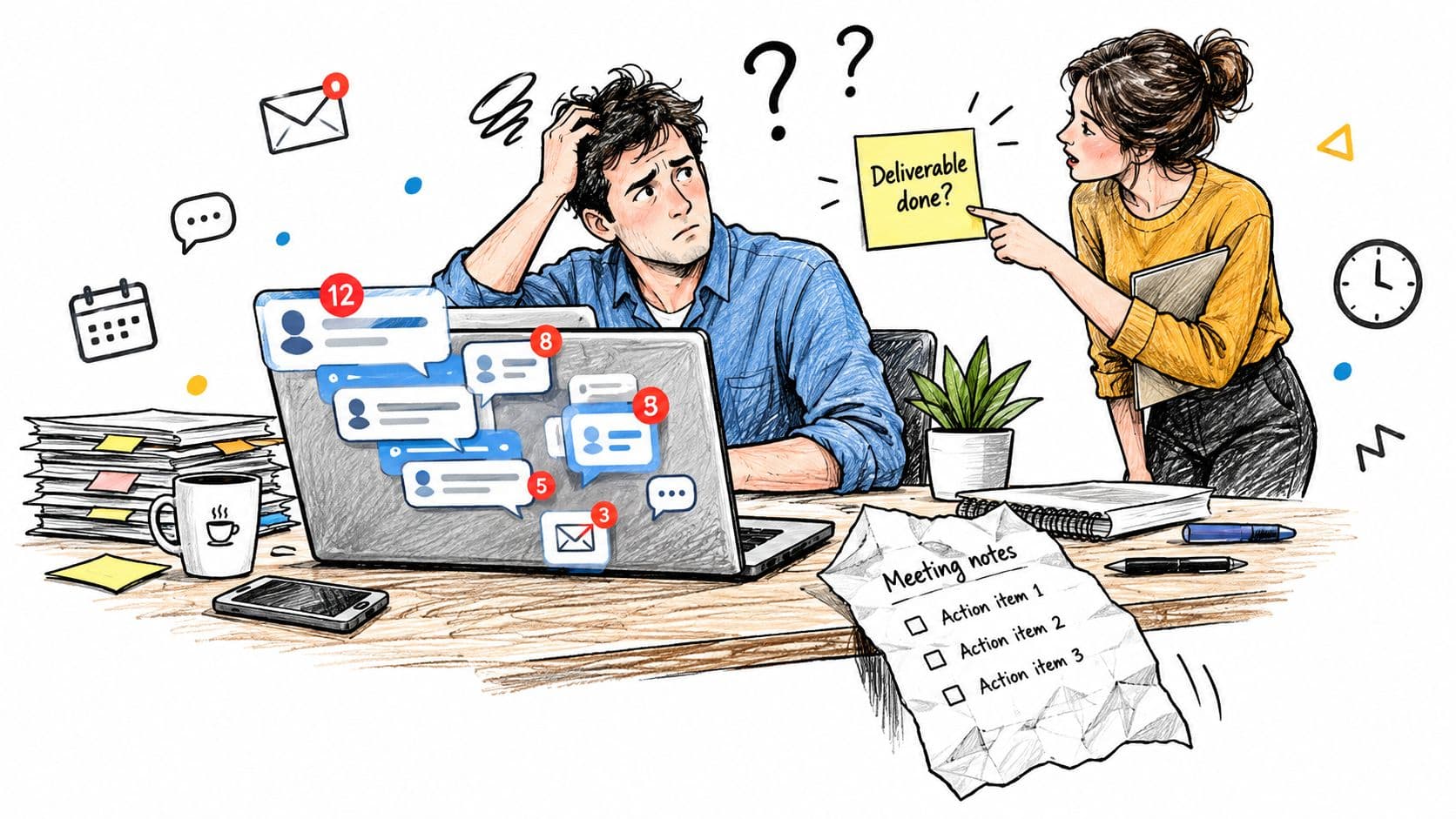 A stressed man overwhelmed by notifications on his laptop while a woman asks about project deliverables.