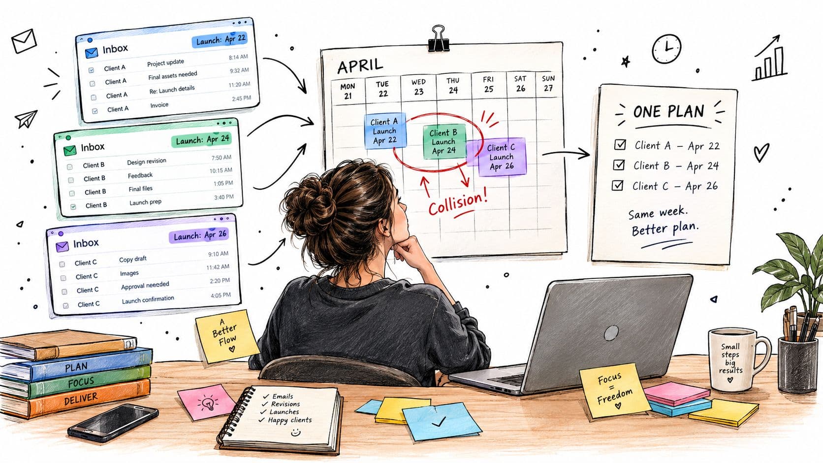 A woman sits at a desk looking at a calendar showing overlapping project launch dates for clients.