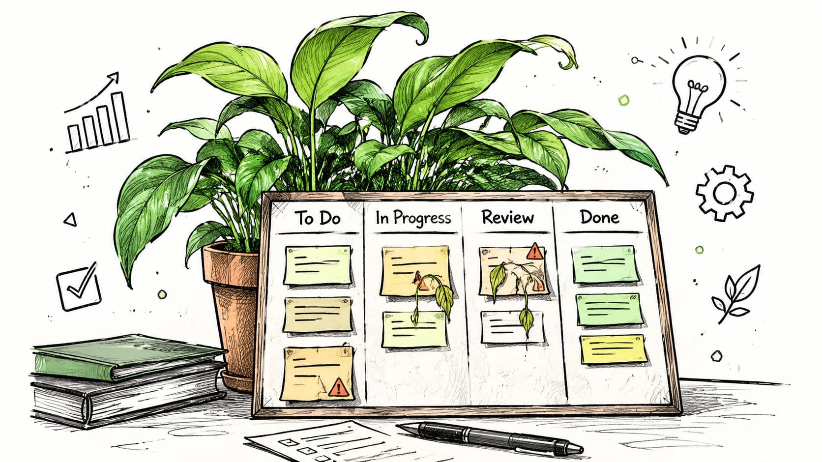A hand-drawn illustration of a Kanban board showing task stages with a plant and office supplies.