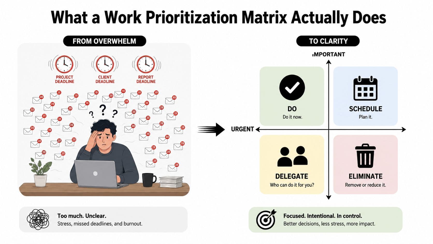 A visual comparison showing a stressed person overwhelmed by tasks and a structured work prioritization matrix.