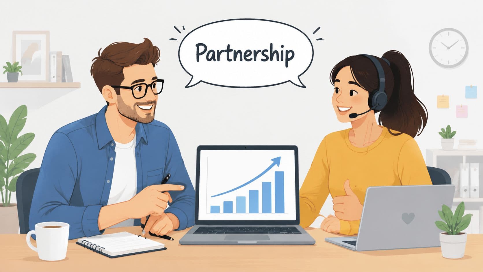 A professional man and a woman wearing a headset collaborating on a business partnership strategy.