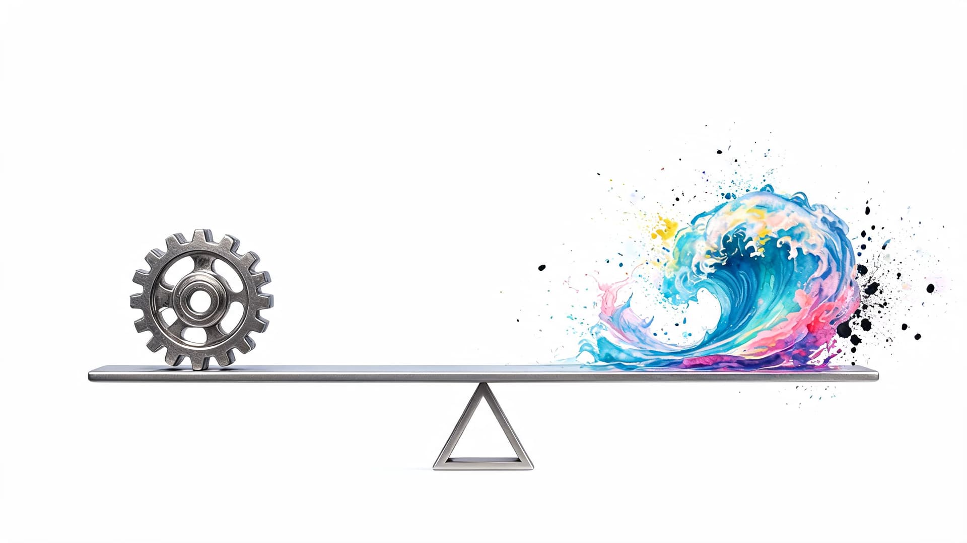A metal gear balanced on a seesaw with a colorful, artistic wave of water on the other side.