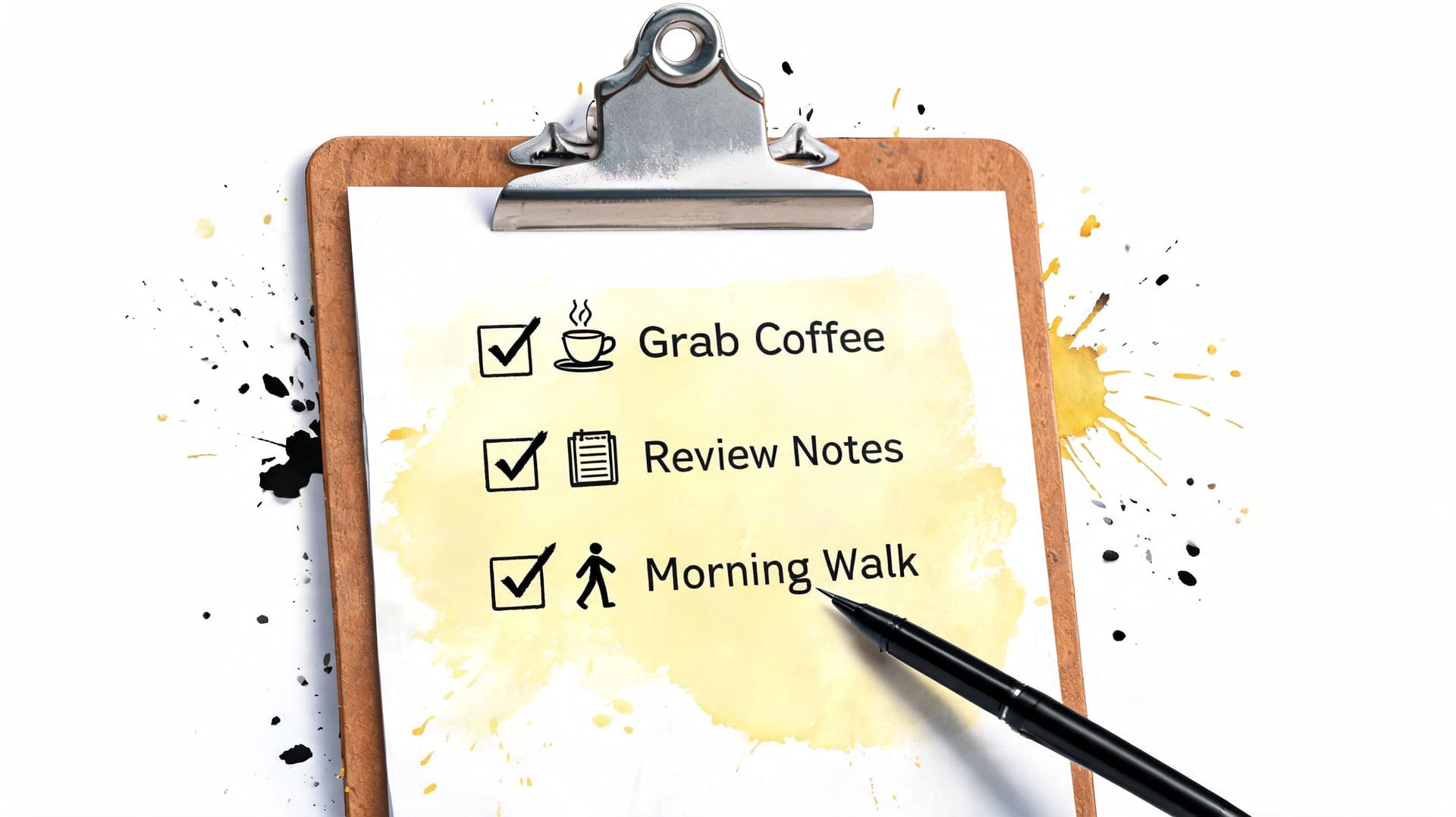 A wooden clipboard with a checklist containing items like grab coffee, review notes, and morning walk.