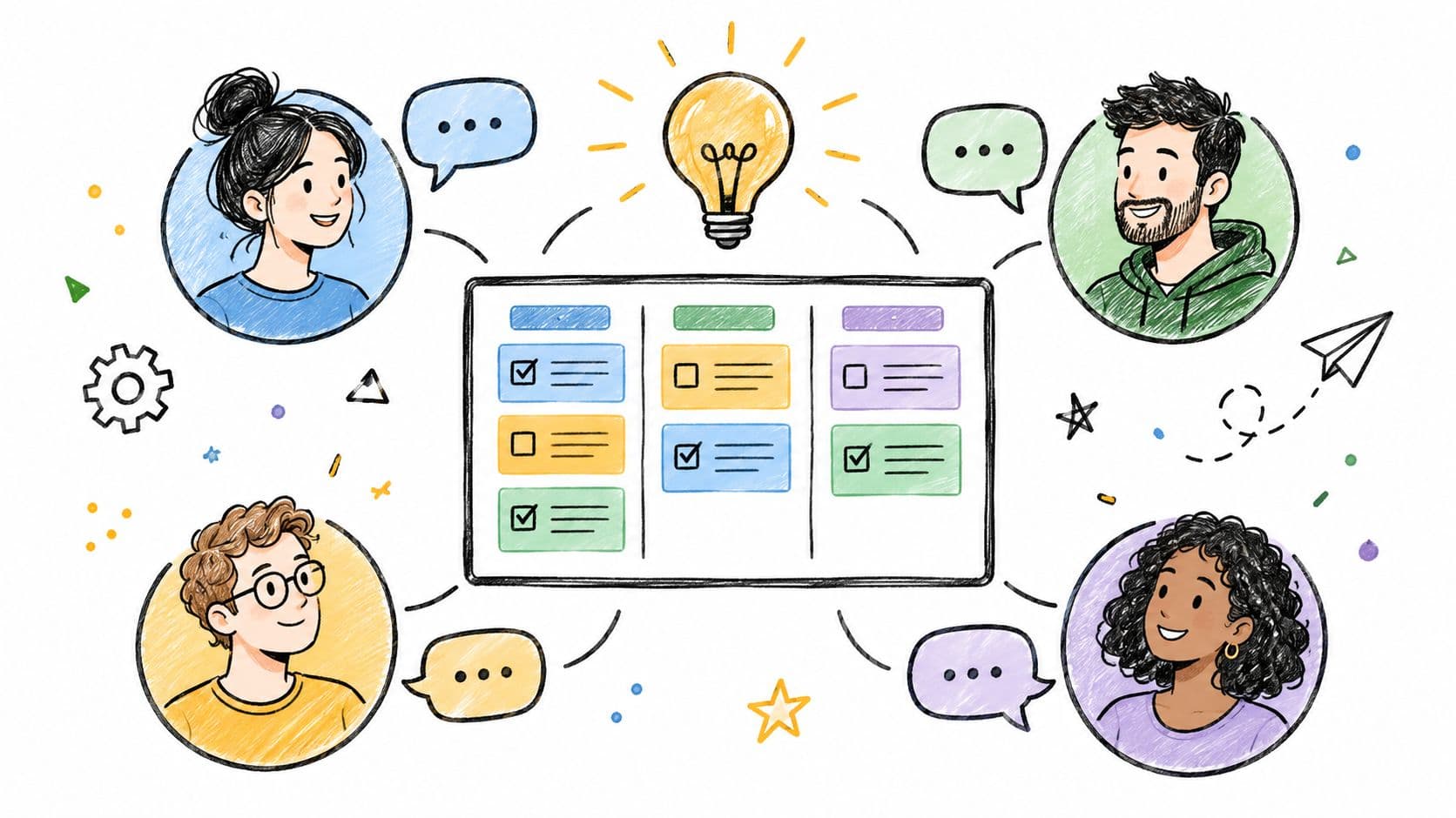 A hand-drawn illustration showing four people collaborating on tasks and goals around a central lightbulb.
