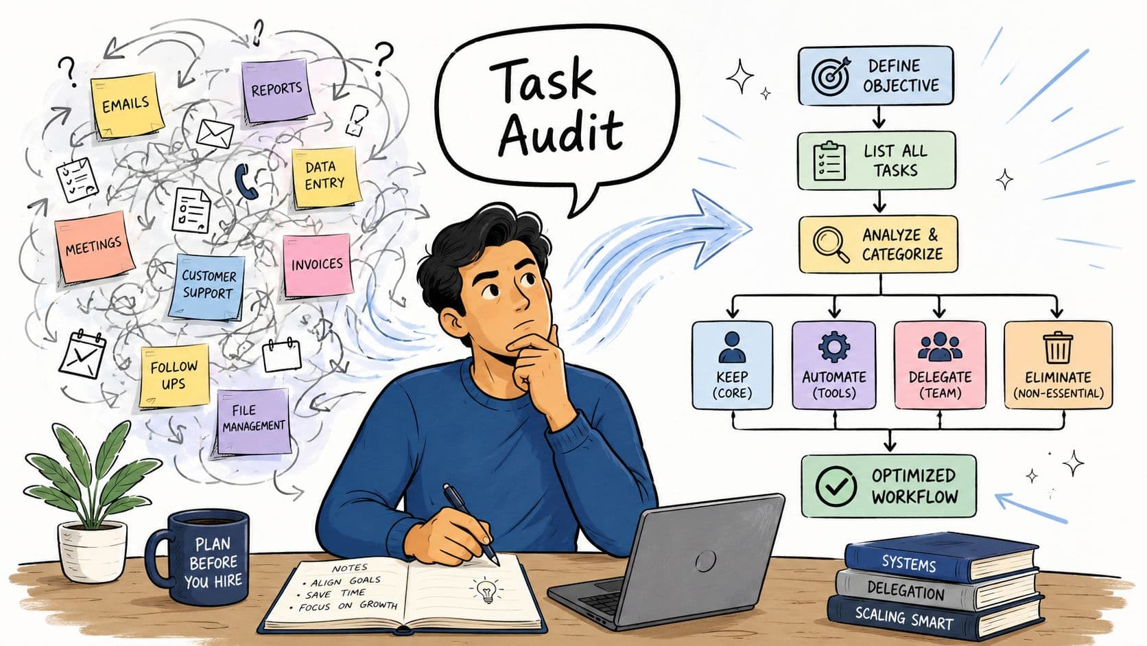 A person analyzing a chaotic workflow to create an optimized process for their business tasks.