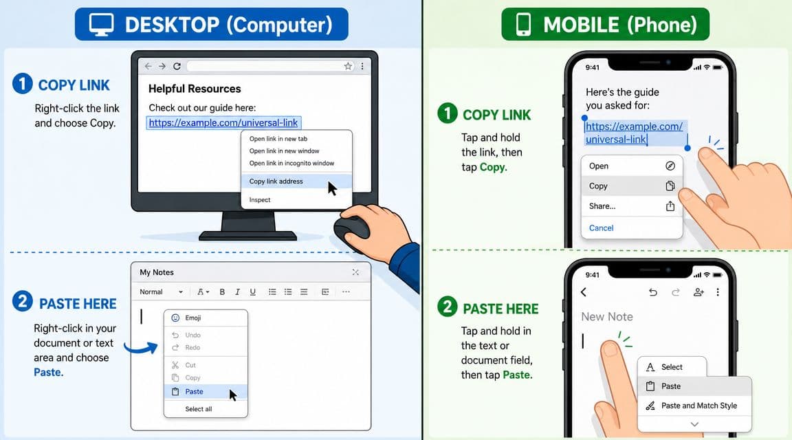 A visual tutorial comparing how to copy and paste a link on desktop computers and mobile devices.