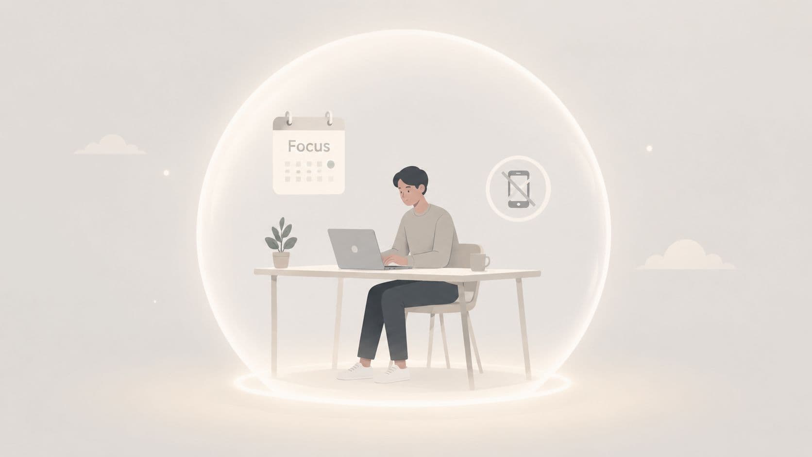 A person sitting at a desk inside a glowing bubble focusing on laptop work without distractions.
