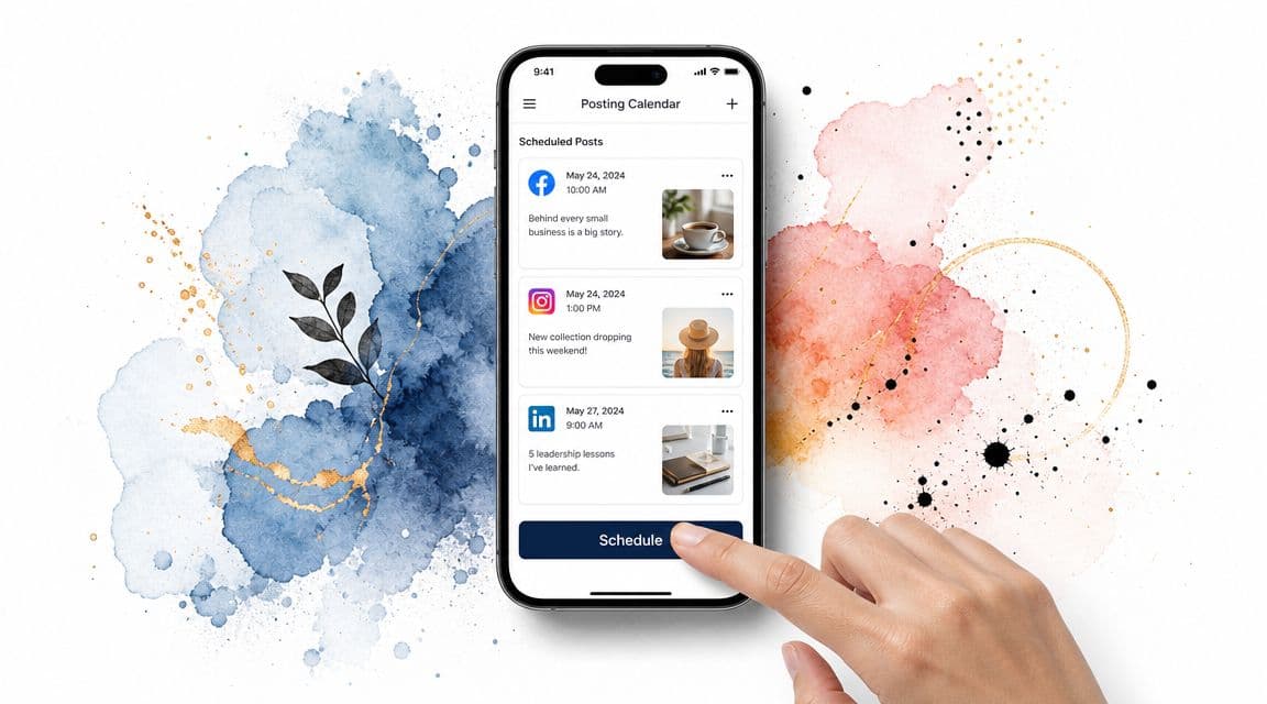 A hand touching the Schedule button on a smartphone displaying a social media content posting calendar app.