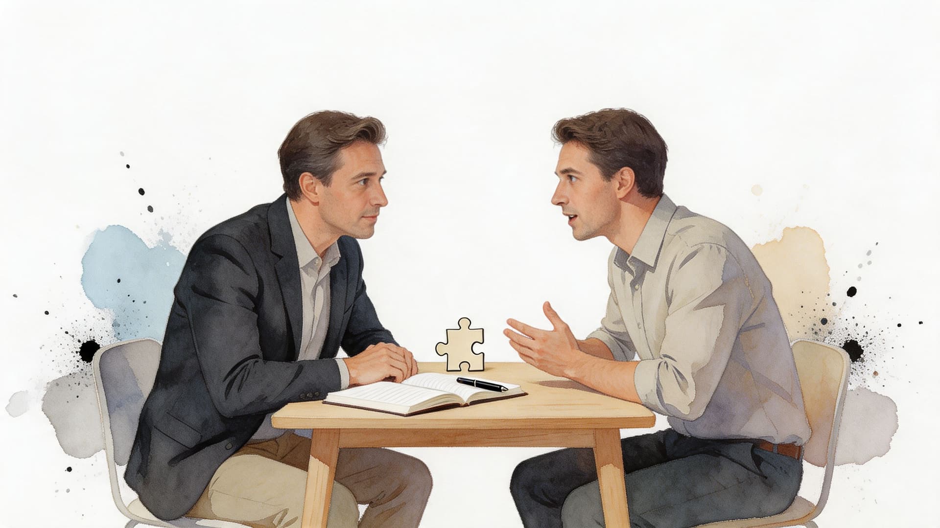 A professional man conducting an interview with another man while sitting across a wooden table.