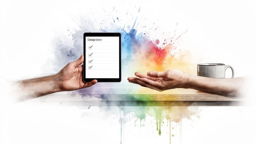 Two hands, one holding a tablet displaying a 'Delegation' checklist, the other open, against a vibrant watercolor backdrop.