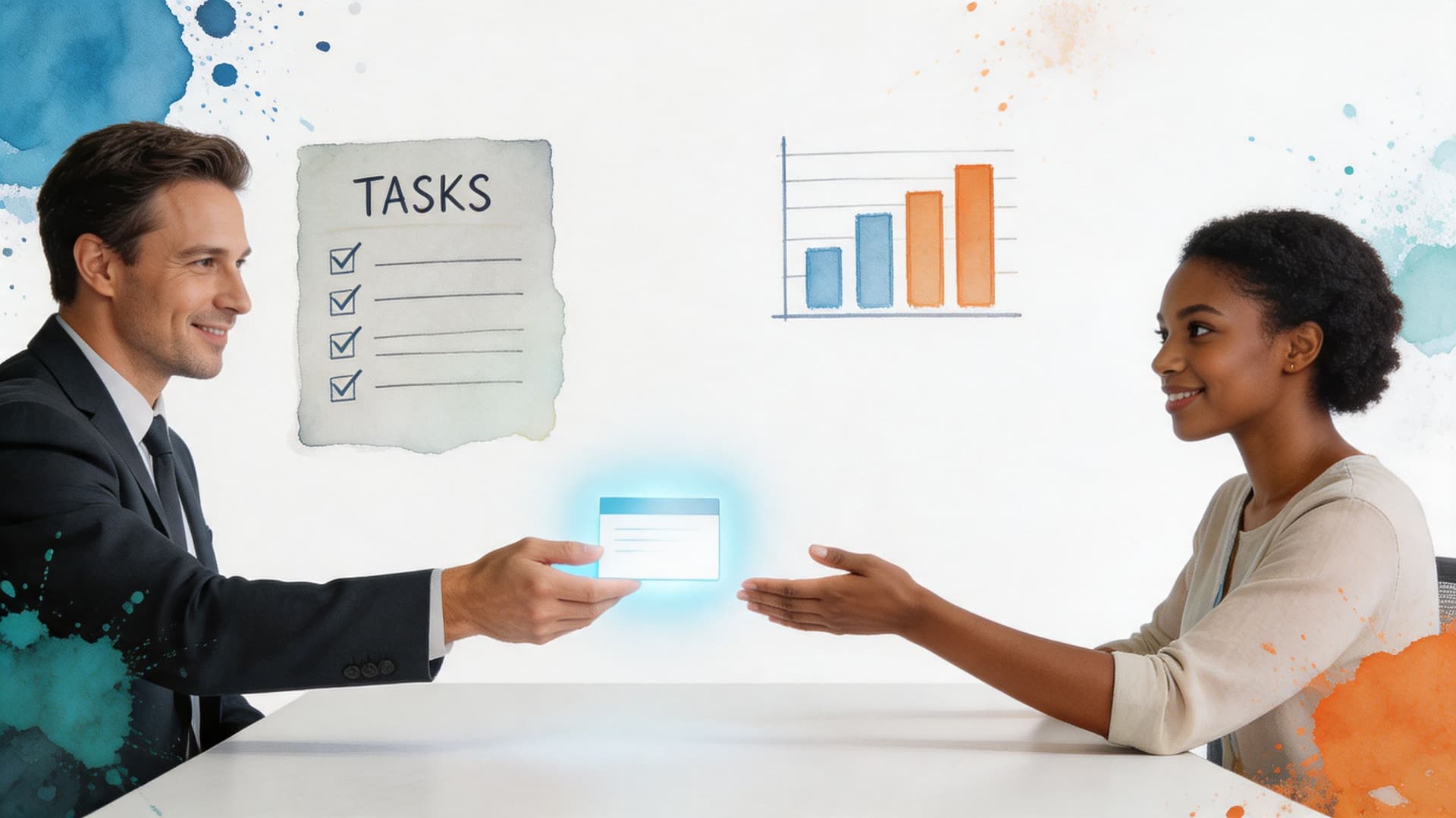 A professional manager handing a business card to a smiling job candidate across an office desk.