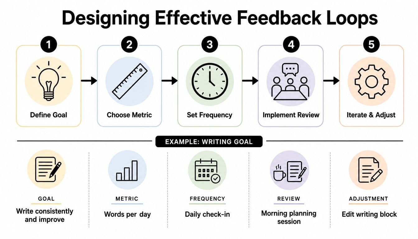 A five-step infographic showing how to design effective feedback loops, illustrated with a writing goal example.