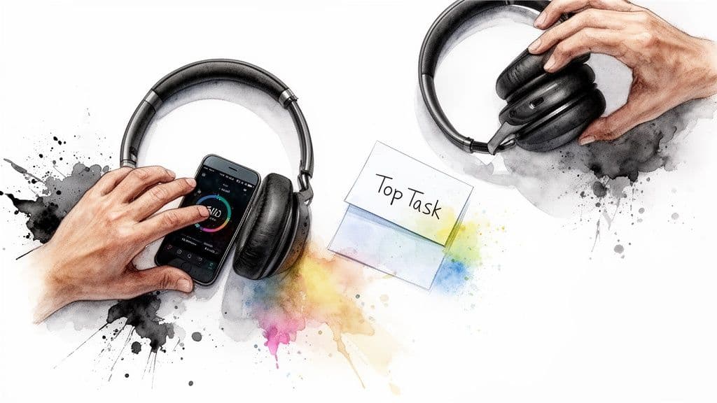Hands using a smartphone and headphones, near a 'Top Task' note, illustrating focus.