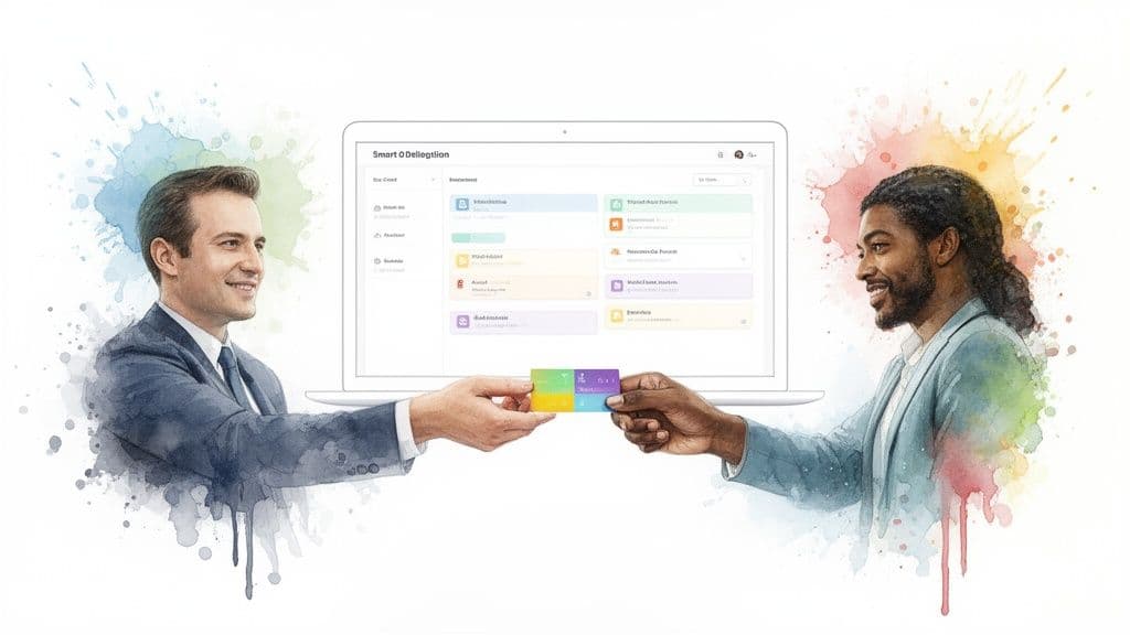 Two smiling business professionals exchanging a colorful card with a laptop showing smart delegation.